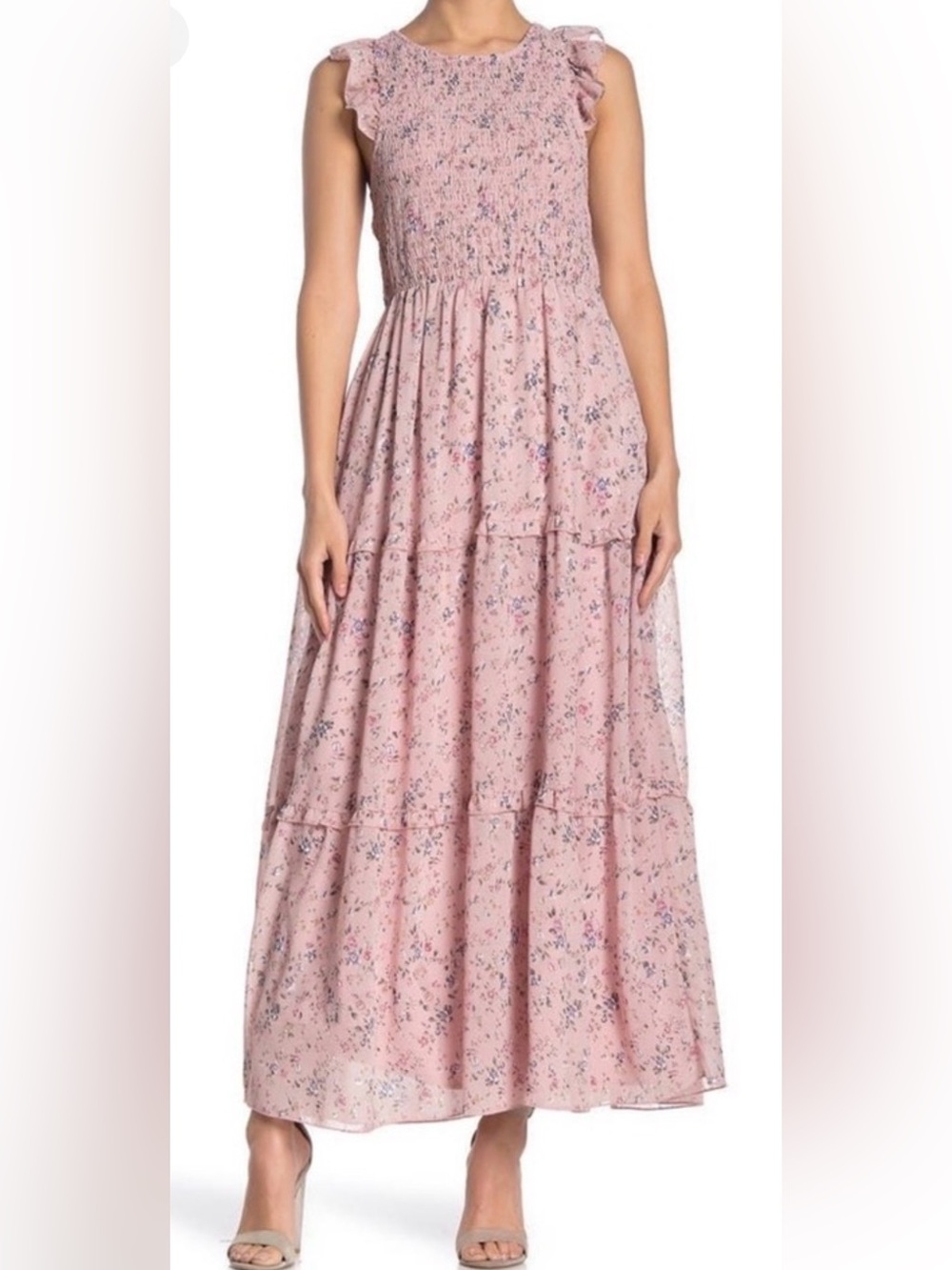 Melloday Women's Sleeveless Pink Floral Tiered Maxi Dress S